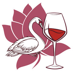 Swan and Wine Glass with Lotus Flower Motif red wine illustration