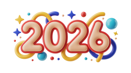 2026 New Year PNG – 3D Numbers with Colourful Swirls, Stars, and Decorative Elements on White Background