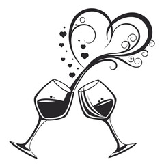 Two wine glasses toasting with heart shapes and swirls on white background Keywords: wine