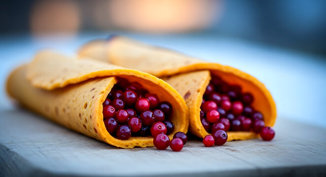 Norway Pumpkin Lefse (Gresskarsefse). with lingonberries, rolled flatbread and berry filling 