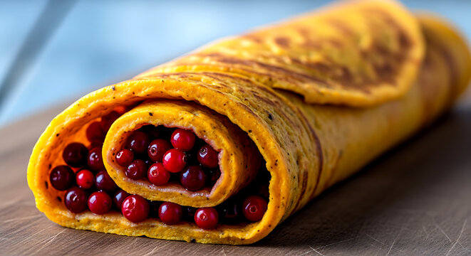 Norway Pumpkin Lefse (Gresskarsefse). with lingonberries, rolled flatbread and berry filling 