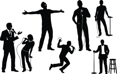 Microphone performer silhouette, expressive stage pose, public speaking art, black illustration, live entertainment, comedy, music, gesture, emotion, spotlight