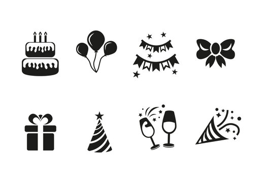 Celebration Icon Party and celebration icons set. Birthday, gift, champagne, and festive decoration symbols. Collection of celebration icons including birthday cake, balloons, gift box