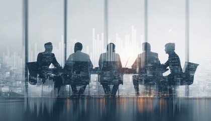 Successful Business Team Collaborating In The Office Meeting Room With Teamwork Charts And Graphs, Double-Exposure For Business Planning Success.