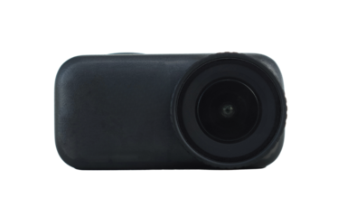 Black action camera lens, isolated on transparent background