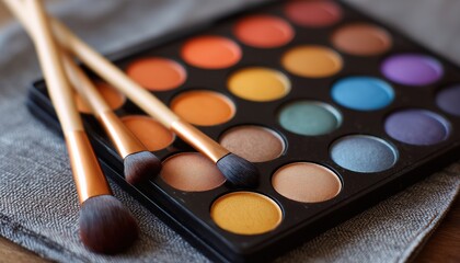 Professional Multi Eyeshadow Palette And Brushes For Makeup With Full Bright Eye Shadows. Close-Up Backdrop For Professional Makeup Looks.