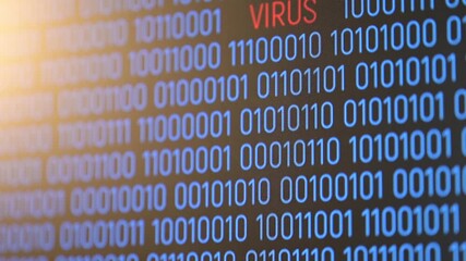 Monitor screen with binary code where the word "virus" appears. A macro shot of blue binary code on a black screen, where the word "virus" is clearly formed among the zeros and ones, a cyber threat - Powered by Adobe