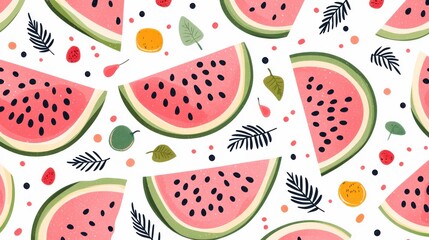 A vibrant pattern featuring slices of watermelon, assorted fruits, and leaves, ideal for summer-themed designs or decorations.