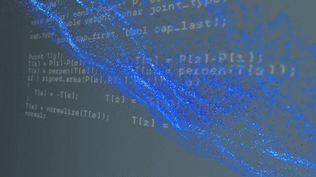 On load blue particle ribbon sweeping diagonally over code lines revealing HTTP request flow