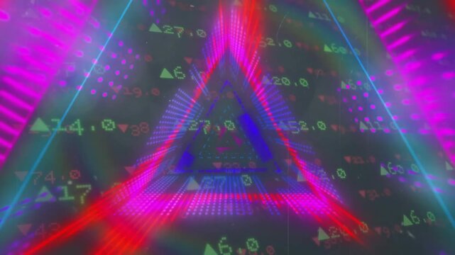 Magenta and red rays converging into triangle, icons swirling around neon triangle visualizing data