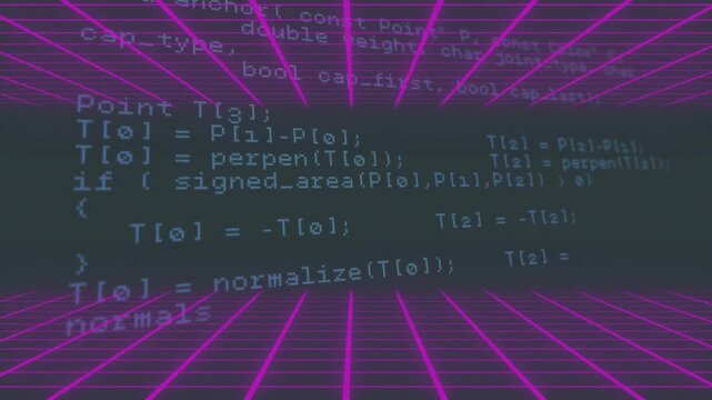 Opening neon grid as C++ panel scrolling upward, revealing API calls, geometry, showing progression