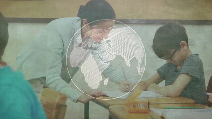 Teacher pointing boy pencil marks guiding class writing with globe rotating as girl joining writing