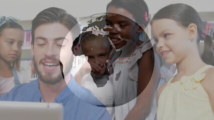 Teacher tilting tablet up starting rotating globe overlay while kids leaning in exploring education - Powered by Adobe