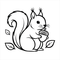Cute cartoon squirrel holding an acorn and surrounded by fallen leaves, black and white line art illustration