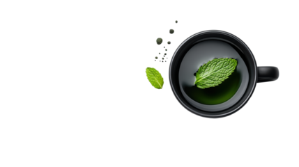 Black cup with green tea and mint on transparent background.