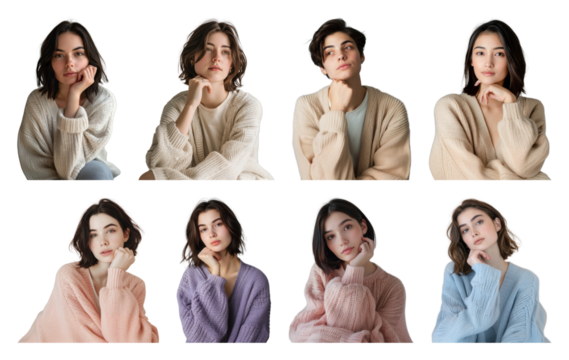 PNG Diverse cozy sweater portraits, element set on transparent background