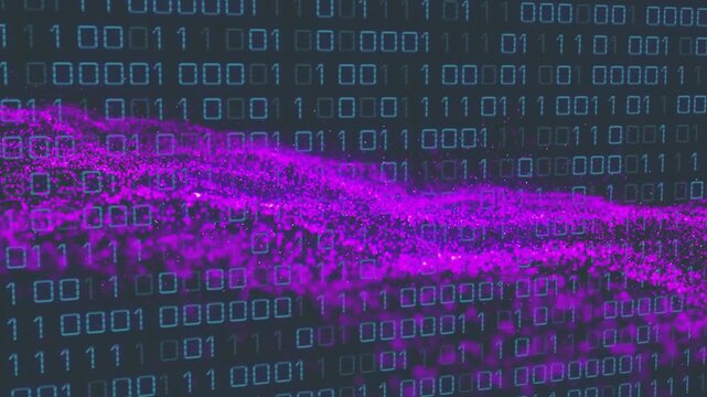 Purple particle wave emerging left, brightening, sweeping over binary grid, visualizing data flow