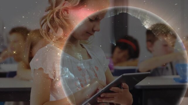 Girl tapping tablet screen creating energy forming rotating AR globe illuminating art class