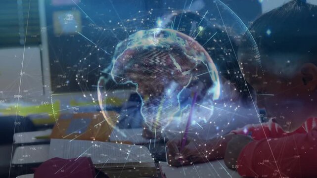 Classmates writing in education class, translucent globe rotating continents with glowing data web