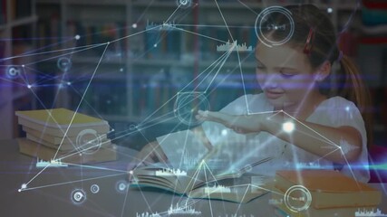 Student opening book and scanning text, activating animated data overlays for education analysis - Powered by Adobe