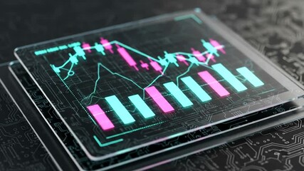 Futuristic digital display of financial data with vibrant charts and graphs - Powered by Adobe