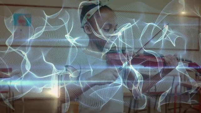 student musician drawing bow across violin strings creating luminescent waveforms visualizing music