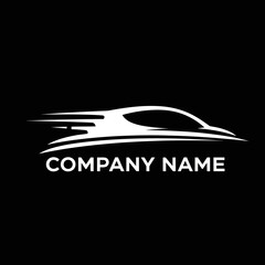 Sleek White Sports Car Logo with Speed Lines on a Black Background.