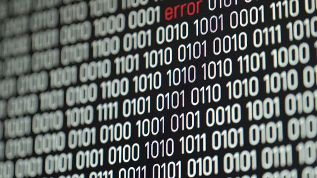 Scrolling binary code on a monitor screen with the red word "error". Binary code scrolls down the screen, and the red word "error" appears at the top, a system failure, a problem, unforeseen obstacle