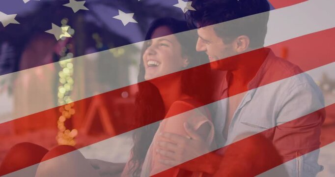 Couple snuggling dusk beach with string lights, animated hearts floating in lifestyle marketing