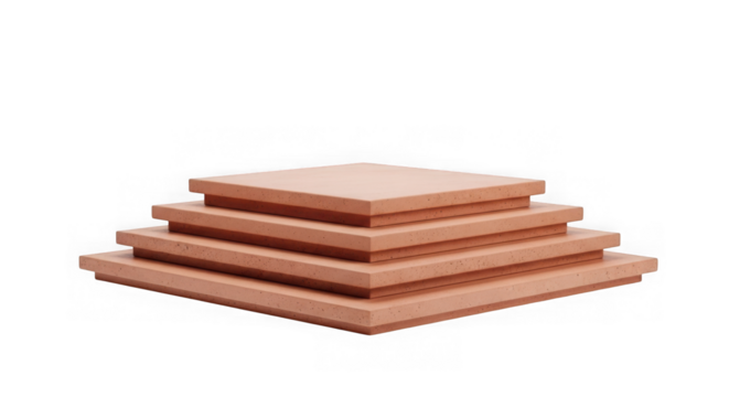 Stack of square wooden planks arranged in a pyramid shape