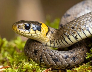 Fototapeta premium A close-up portrait of a snake with its head in view, perched on moss. The reptile's skin showcases a patterned texture