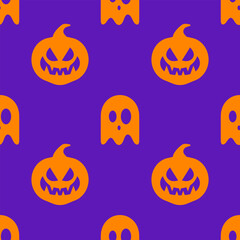 Pumpkin Halloween Pattern Background with Ghost. Wallpaper. Vector Illustration