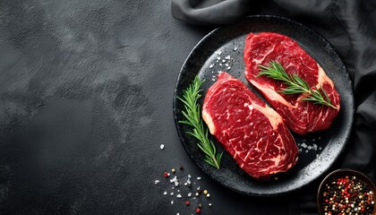Two Ribeye Beef Steaks Seasoned With Spices On A Plate, Ready To Be Cooked. Presented On A Dark Stone Surface In A Top-Down View.
