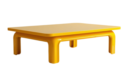 Yellow modern coffee table, rectangular shape, glossy finish, retro style, cheerful design