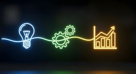 Neon Glow: Idea to Growth - Lightbulb, Gears, and Upward Trend Graph