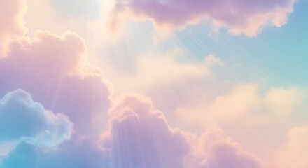 Sun rays shining through a dreamy, ethereal sky with soft pastel-colored clouds.