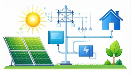Solar Energy System Diagram: Renewable Power for Home, Clean Energy Concept.