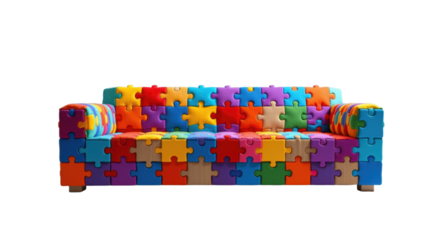 Colorful jigsaw puzzle sofa, vibrant, playful, modern, unique, creative, isolated on white