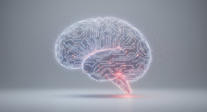 Digital brain illustration with circuitry and glowing effects on transparent background