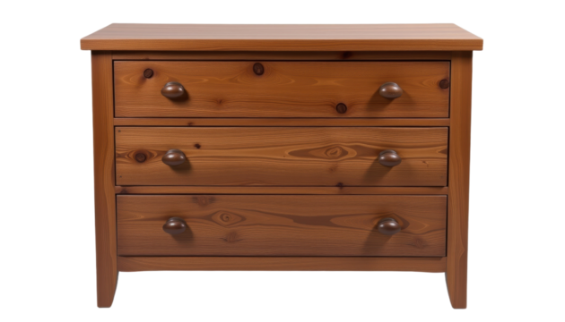 Wooden dresser with three drawers, brown finish, classic style, home furniture, isolated