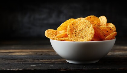 Round White Bowl Of Cheese Chips Snack On Black Wooden Surface. Grain-Free, Dip-Able, Crispy Cheddar Cheese Chips. Keto & Low Carb Crunchy Chips With Various Cheeses, Herbs, And Spices.