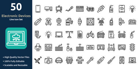 Electronic Devices icon set in Outline style. Minimilist and trendy Icon set. Containing Icons,Smartphone,Computer,Television,Microphone,Piano,and so on.