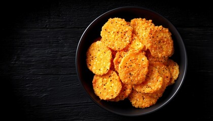 Grain-Free Crispy Cheddar Cheese Chips Snack In A Round White Bowl On A Black Wooden Table: Keto & Low Carb Crunchy Chips.