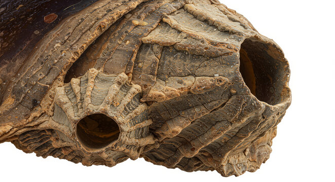 Close up of weathered turtle shell with barnacles on transparent background