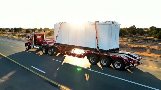 Heavy Haulage Semi Truck Transporting Oversized Cargo on Highway at Sunset.
