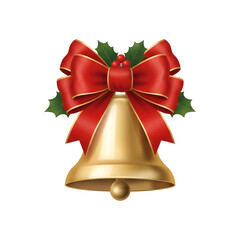 Golden Christmas Bell with Festive Red Bow and Holly &ndash; Holiday Decoration Isolated on White Background for Seasonal Design PNG file 