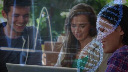 Three students opening laptop in cafe, applying animated DNA helix overlays for genomic analysis - Powered by Adobe