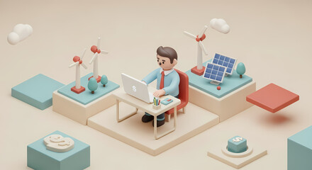 Naklejka premium Dynamic businessman strategizing renewable energy investments and business growth from a modern office, featuring wind turbines and solar panels for a sustainable future.