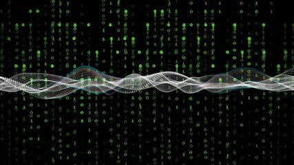 On start, white waveform rising, undulating and fading over binary streams visualizing data flow - Powered by Adobe