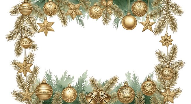 Christmas frame with gold decorations isolated on white background for card design